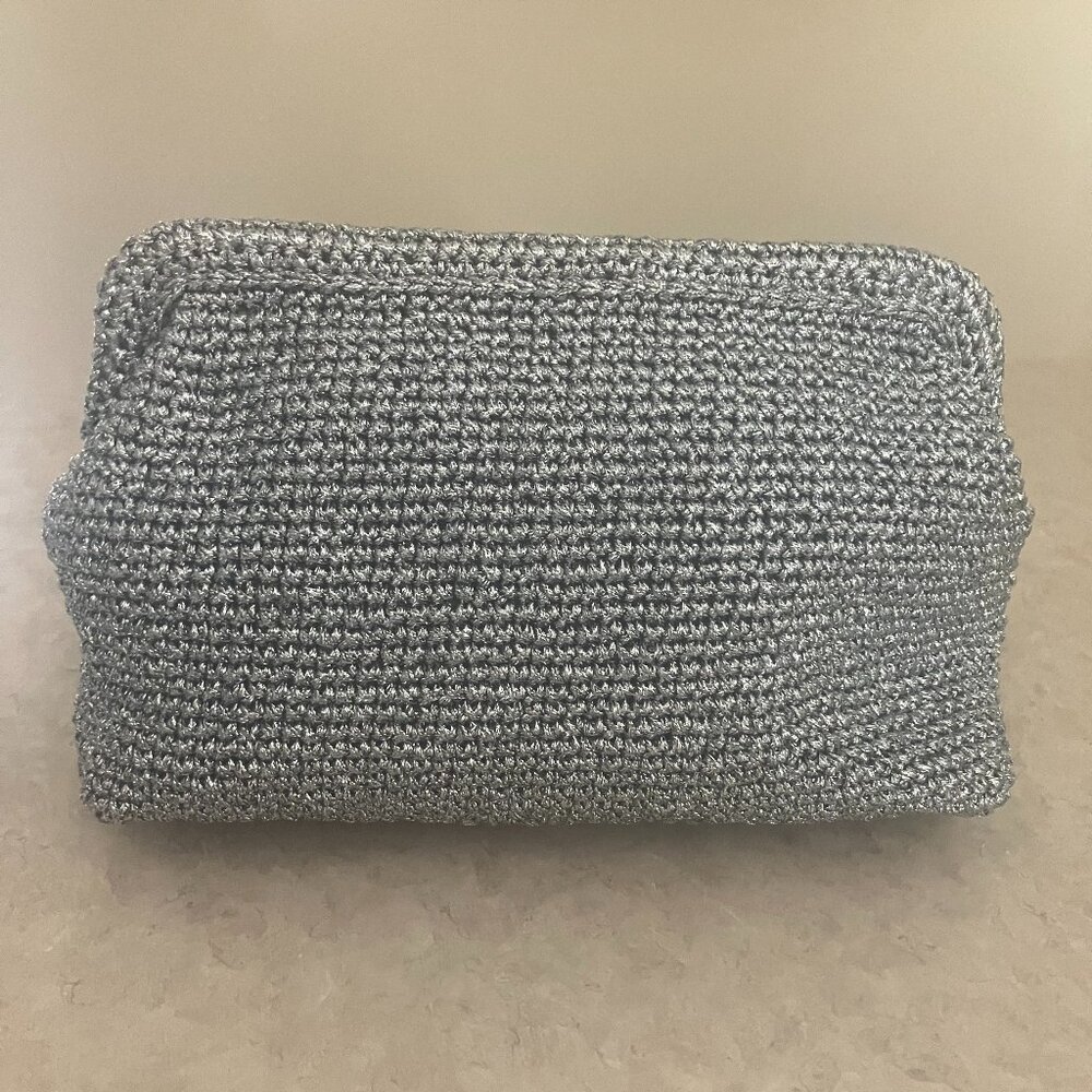 J. Crew Raffia Silver Metallic Straw Clutch Bag